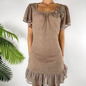 Vintage Tan Knit Cottagecore Short Sleeve Boho Ruffle Mini Sweater Dress / L